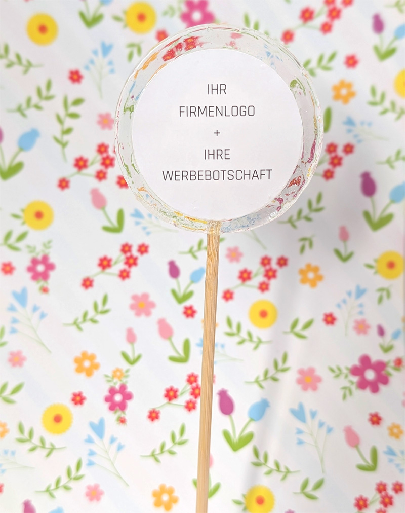 grosser runder lolli glasklar mit firmenlogo